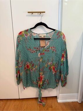 lovestitch Teal Floral Tie-Hem Blouse
